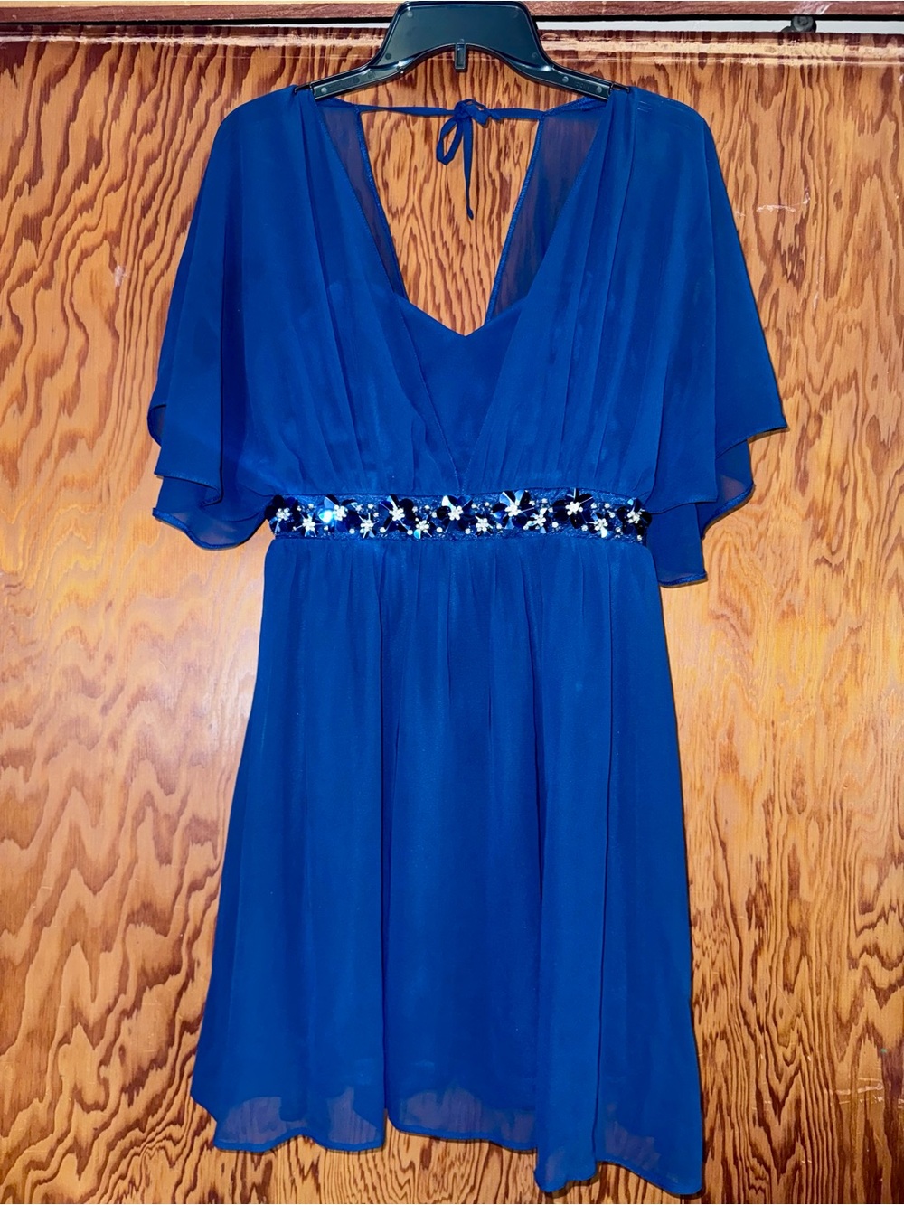 ASOS Cobalt Blue Chiffon V-neck Mini Dress w/Flutter Sleeves & Embellished Waist